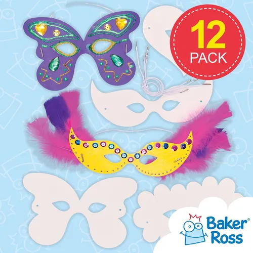Vista 2 de Baker Ross Kit de 12 máscaras de carnaval para niños para decorar, surtido, blanco