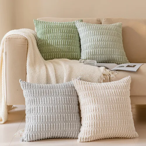 Vista 20 de Juego de 4 fundas de almohada decorativas de pana de 16 x 16 pulgadas, beige y verde Fundas de almohada suaves a rayas estilo bohemio moderno