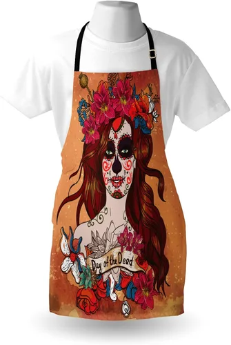 Vista 3 de Ambesonne Day of the Dead - Delantal Día de los Muertos, cultura española, arte de calavera mexicana, babero de cocina unisex con cuello ajustable