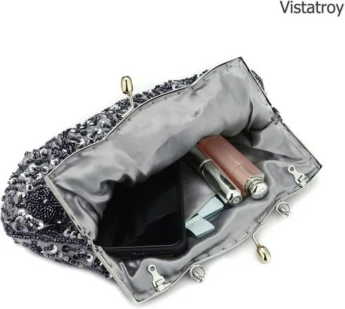 Vista 4 de Vistatroy Bolso de noche de diseño floral con cuentas con diseño de lentejuelas vintage cierre de beso bolso de mano de satén bolso de mano