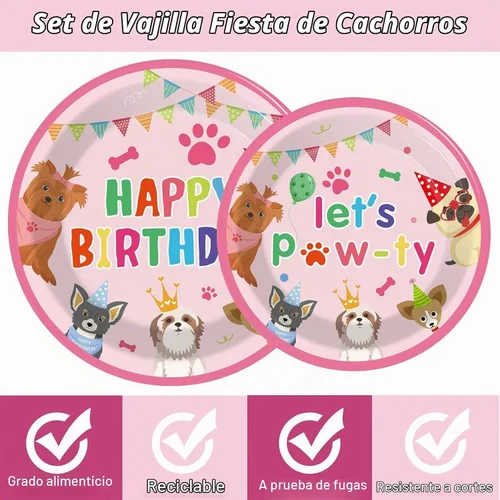 Vista 3 de Juego de 98 piezas de decoración de fiesta de cumpleaños de perro, juego de vajilla para cachorros, platos, servilletas, mantel con temática