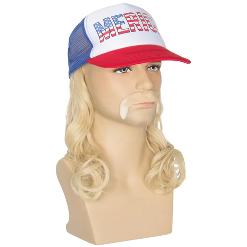 Vista 6 de Peluca rubia con sombrero de salmonete con bigote para hombres, disfraz americano del 4 de julio, pelucas divertidas para hombres