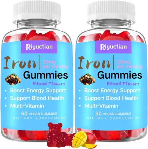 Vista 10 de Gomitas de hierro para adultos, suplemento de hierro prémium con vitamina C, B12 y ácido fólico para aumentar la energía y la salud inmunológica