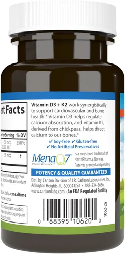Vista 3 de Carlson Vitamina D3 + K2, 50 mcg (2000 UI), soporte óseo, 120 cápsulas