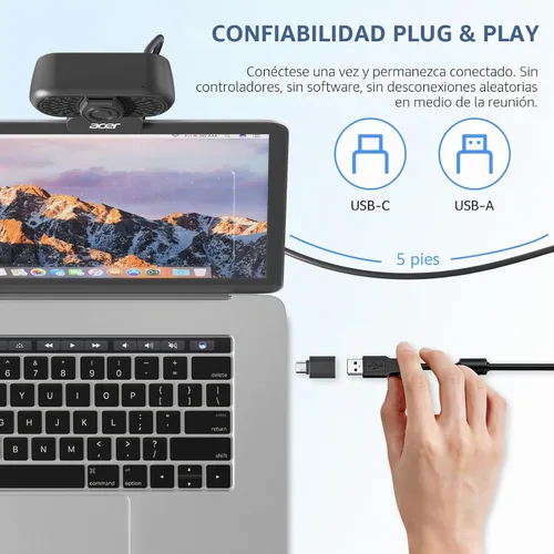 Vista 6 de Acer Cámara web A640 4K con micrófono de cancelación de ruido AI