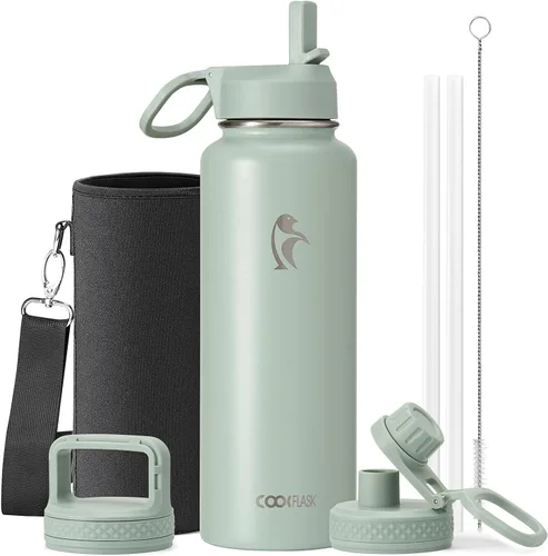 Vista 50 de Coolflask Botella de agua de 20 onzas aislada con pajilla, 3 tapas de metal de acero inoxidable, botella de agua de boca ancha para deportes u