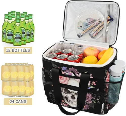 Vista 3 de ALAZA Sugar Skull Floral The Day of Dead - Bolsa de picnic aislada grande para adultos, hombres y mujeres