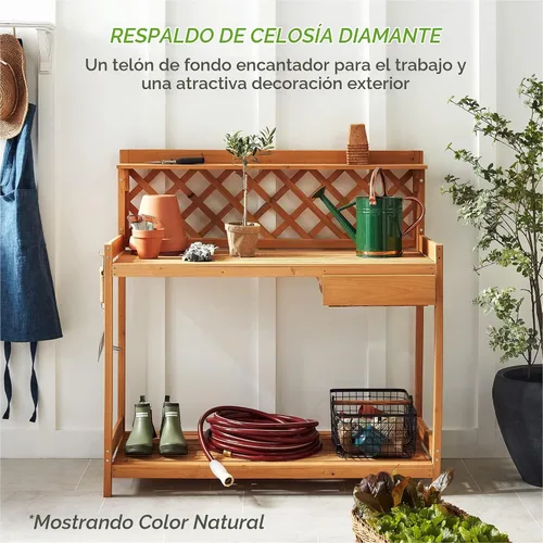 Vista 6 de Best Choice Products Banco para macetas de jardín al aire libre, mesa de trabajo de madera con cajón de gabinete, estante abierto, almacenamiento