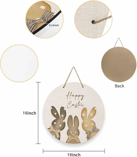 Vista 6 de Seasonal Front Door Welcome Sign, Happy Easter Bunny Rabbit Bow Round Wood Wreaths Wall Hanging Sign for Outdoor Porch Wall Pediments Home Decor