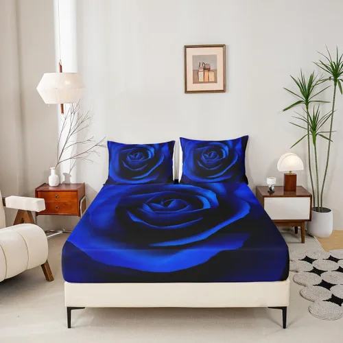 Vista 5 de Erosebridal Juego de sábanas de rosas tamaño individual, color azul, diseño romántico para mujeres, niñas, esposa, pareja, día de San Valentín