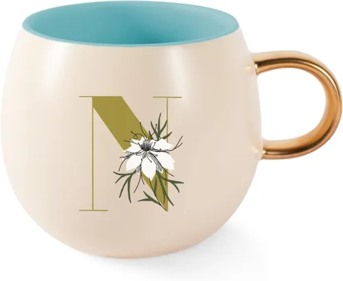 Vista 5 de Fringe Studio Taza Redonda de Gres, Monograma Floral Letra "E" 3.38" DIA. X 3.5"H, 14 fl.oz., con Asa Dorada Pintada a Mano (428047)