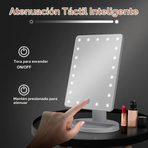 Vista 3 de COSMIRROR Espejo de tocador de maquillaje iluminado con espejo de aumento de 10X, espejo iluminado con 21 luces LED con atenuación de sensor táctil