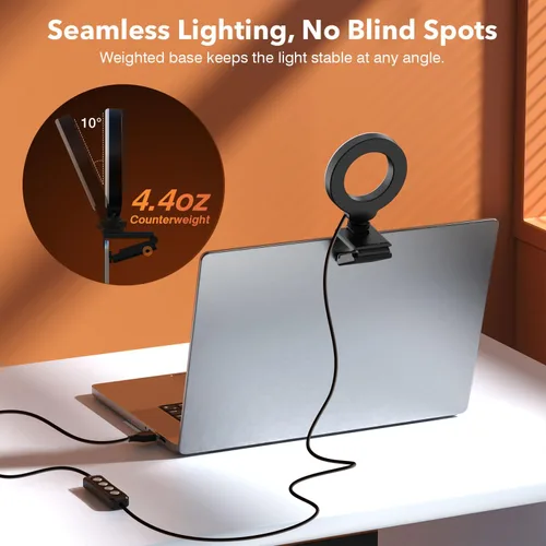 Vista 3 de Anillo de luz para computadora portátil/computadora, llamada de zoom, iluminación de videoconferencia pequeña de 4 pulgadas con soporte