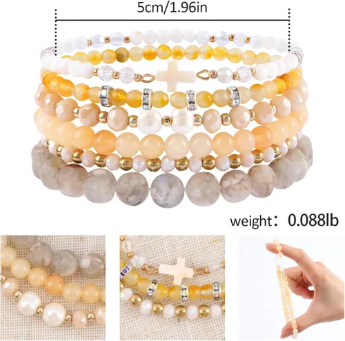 Vista 2 de Pulseras bohemias apilables de cuentas para mujer con dije de cruz, 6 pulseras elásticas de cuentas de piedra natural, cuentas de cristal de perlas