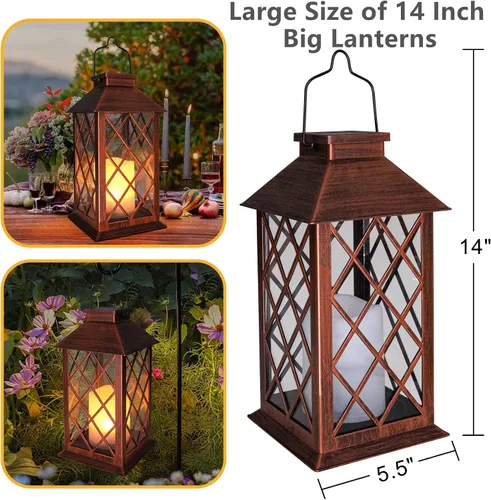 Vista 4 de TAKE ME Linternas solares de 35,6 cm para jardín al aire libre, linterna colgante impermeable con luces LED parpadeantes, sin llama, para mesa, al