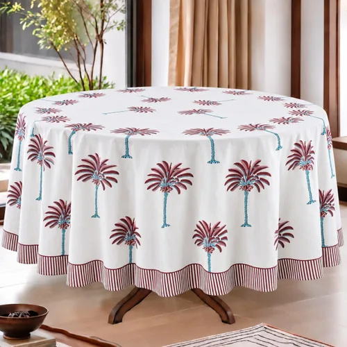 Vista 64 de Ridhi Mantel redondo estampado a mano color rosa flamenco 120 pulgadas 100%
