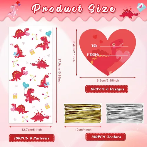Vista 2 de Tellingyou 180 bolsas de celofán para el día de San Valentín, a granel, de plástico, con diseño de dinosaurio, dulces, con etiqueta de corazón