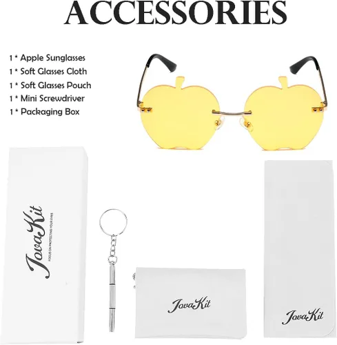 Vista 7 de JOVAKIT Gafas de sol en forma de manzana para mujeres y hombres, gafas de sol retro sin montura para fiesta rave, gafas de Halloween (doradoamarillo)