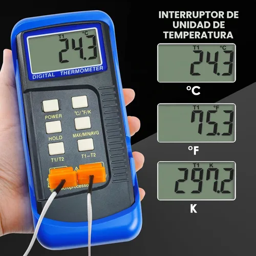 Vista 7 de Termómetro de termopar digital tipo K de doble canal Termómetro HVAC Medidor de temperatura con 4 termopares, medición de temperatura MAX/MIN/PROM