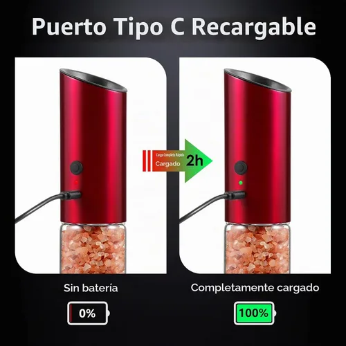 Vista 3 de Vzaahu Gravity - Molinillo eléctrico de pimienta y sal - Juego de 2 molinillo de sal y pimienta recargable de acero inoxidable con luz LED Rojo