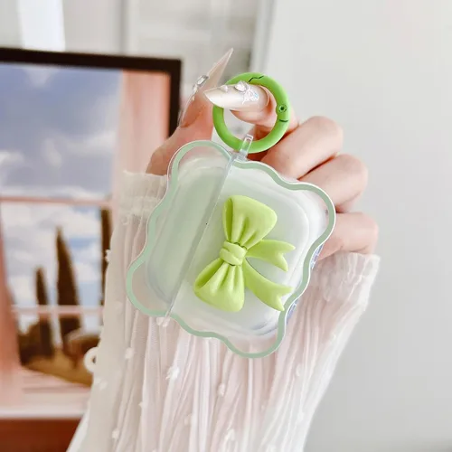 Vista 3 de Linda funda transparente para AirPods de 3ª generación, color verde, diseño de lazo femenino, TPU suave, a prueba de golpes, Kawaii Airpods