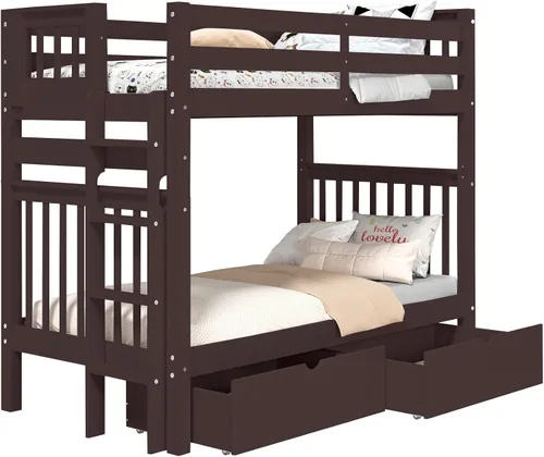 Vista 4 de Bedz King Literas altas de tamaño individual sobre individual, estilo Mission con escalera lateral y 2 cajones debajo de la cama, color cereza oscuro