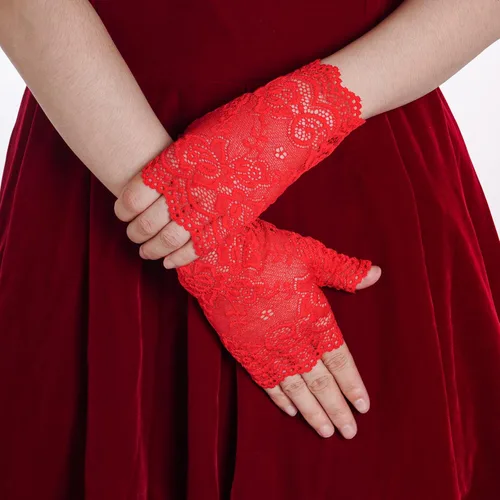 Vista 4 de obmwang 2 pares de guantes de encaje para mujer, guantes florales sin dedos, guantes de graduación para boda, fiesta, accesorios de disfraces