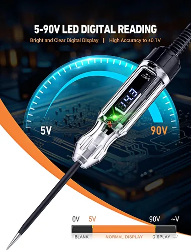 Vista 2 de Luz de prueba automotriz, probador eléctrico LED digital resistente de 5 a 90 V, probador de circuito con cable de resorte de poliuretano de 140