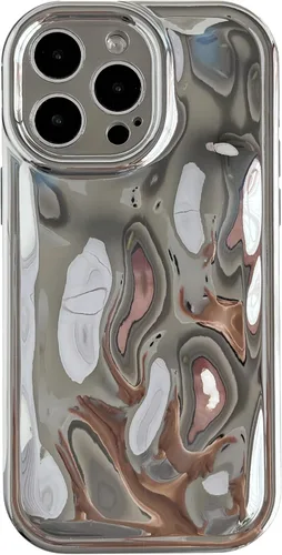 Vista 9 de Caseative para iPhone 14 Pro Max, Funda de Plástico Blando con Cubierta de Cromo Ondulado de Burbuja de Meteorito (Negro) Water Ripple Wave