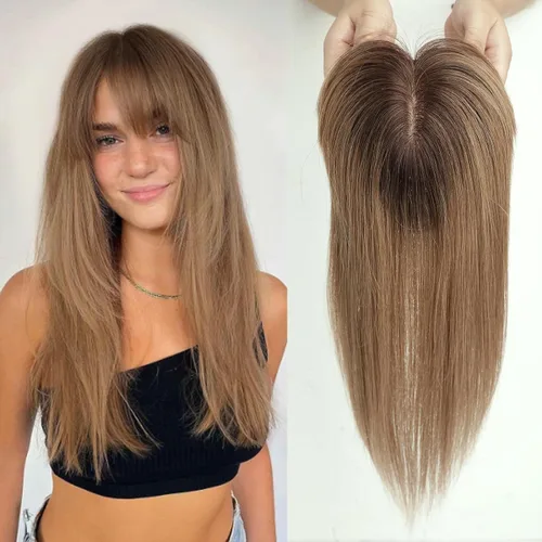 Vista 26 de HAIRCUBE Pelucas de cabello humano 100% con flequillo, densidad 150%, base de seda, clip en la parte superior, pelucas de cabello superior