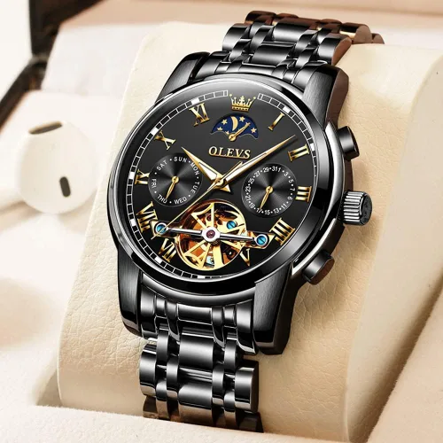 Vista 2 de OLEVS - Reloj mecánico automático Tourbillon Slef-Wind lujoso de acero inoxidable resistente al agua luminoso y con fecha