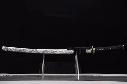 Vista 2 de Espada Katana templada de arcilla hecha a mano de 41 pulgadas, espada samurai de espiga completa de acero, mango de piel de rayos reales, tsuba