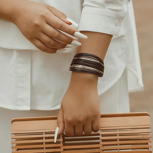 Vista 7 de FANCY SHINY Pulseras de cuero estilo bohemio, apilables, con cierre magnético, joyería bohemia de moda para mujer