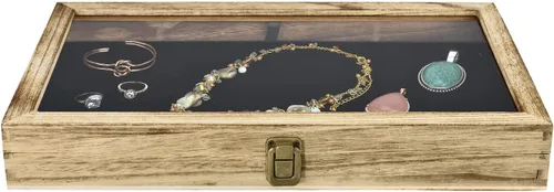Vista 3 de Alhajerocaja para almacenar cuentas con tapa de vidrio templado y terciopelo negro. Caja de muestra de medallas, premios, alhajas y cuchillos.