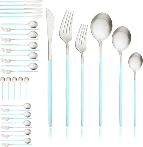 Vista 17 de JASHII Juego de cubiertos mate de 36 piezas con mango plano acabado satinado negro acero inoxidable cubiertos servicio para 6 para cocina casera