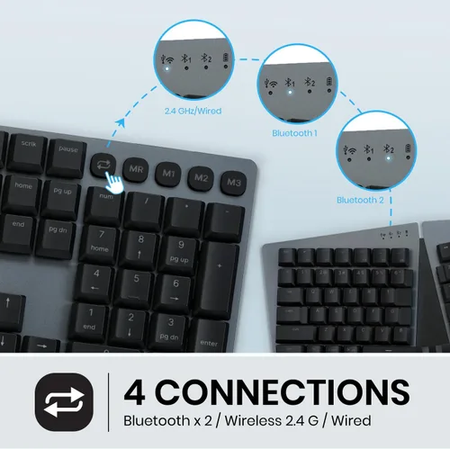 Vista 5 de Perixx PERIBOARD-835BL Teclado Mecánico Ergonómico Inalámbrico - Retroiluminación RGB - Interruptores de Clic Azules de Bajo Perfil - Conexión a