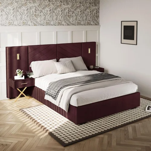 Vista 11 de DEINPPA Base de cama Queen de lujo con luces LED doradas integradas y mesitas de noche, cama de plataforma tamaño Queen con cabecera tapizada