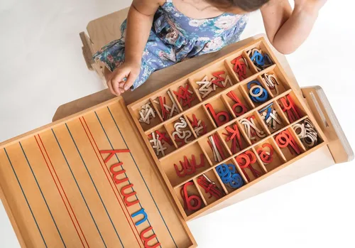 Vista 6 de Letras móviles de madera del alfabeto Montessori, alfabeto móvil con alfombrillas de caja, minúscula para escribir, leer, ortografía