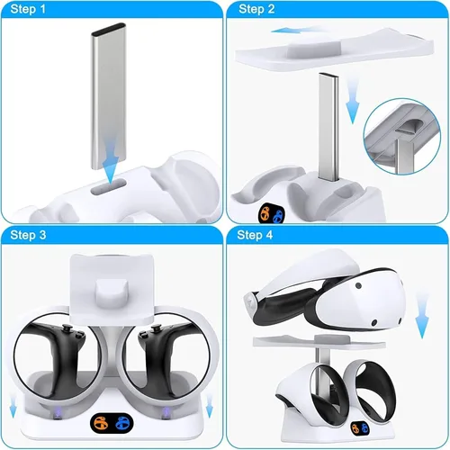 Vista 6 de Base de carga de controlador para PS5 VR2, estación de carga PSVR 2 con soporte de auriculares VR, cargador de controlador PS VR2 con indicador LED