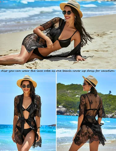 Vista 5 de Avidlove - Bata de noche tipo kimono para mujer, de encaje floral, camisón de malla transparente, lencería tipo babydoll