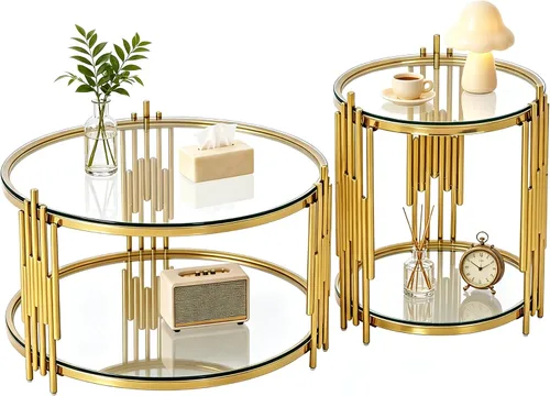 Vista 12 de Mesa auxiliar rectangular de vidrio de 48 pulgadas, mesa de centro de 2 niveles con parte superior de vidrio templado negro, patas de acero