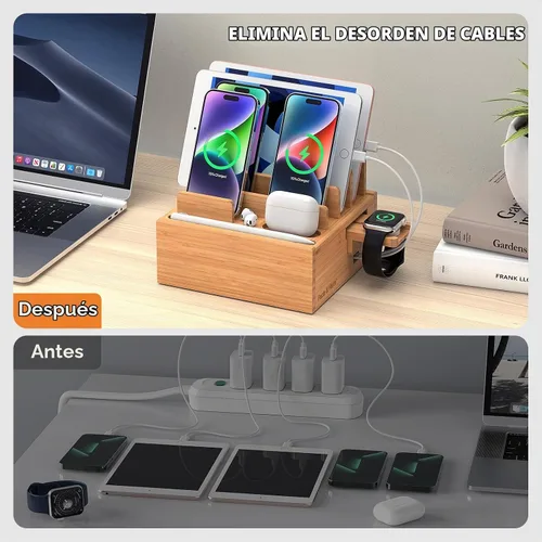 Vista 7 de Estación de carga de bambú Pezin & Hulin para múltiples dispositivos incluye cargador USB de 5 puertos, 5 cables, organizador de escritorio
