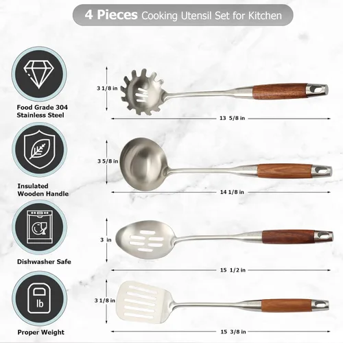Vista 2 de Juego de utensilios de cocina de acero inoxidable 304 con mango de madera, juego de utensilios de cocina aptos para lavavajillas, espátula ranurada