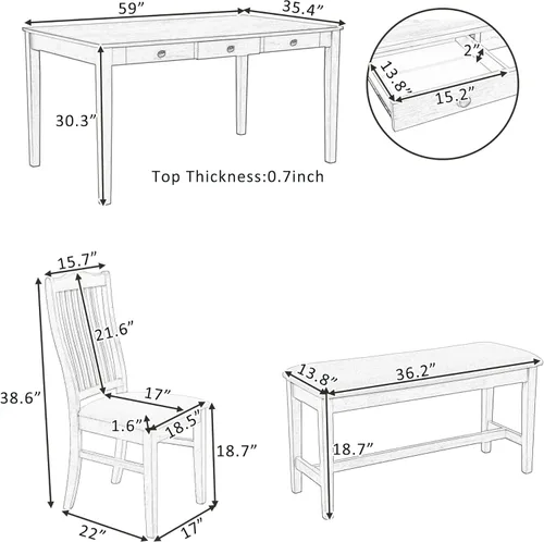 Vista 3 de Juego de mesa de comedor compacto de 6 piezas, juego de mesa de comedor de cocina de madera maciza con 4 sillas ergonómicas acolchadas y banco, mesa