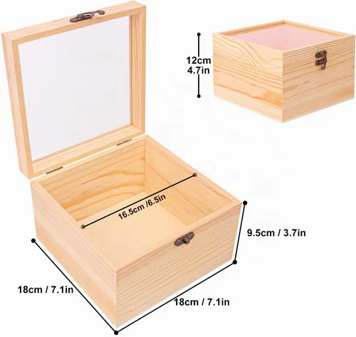 Vista 2 de 4 cajas de madera sin terminar con ventana, caja de madera para manualidades y almacenamiento con tapa superior de plástico, para recuerdos