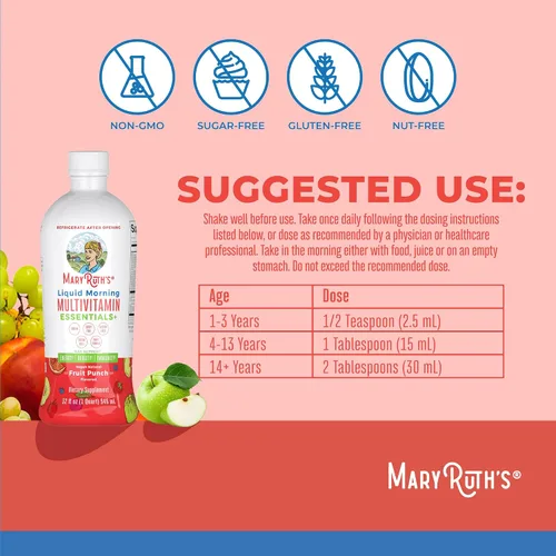 Vista 3 de MaryRuth Organics Liquid Morning Multivitamin Essentials+ Vitamina A C D E B6 B12 Biotina Zinc, para hombre y mujer, multivitamínico, apoyo