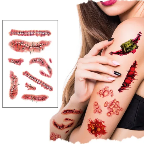 Vista 5 de Maquillaje de broma de Halloween, tatuaje temporal, juego de roles de Halloween, kit de calcomanías decorativas de tatuaje de boca grande
