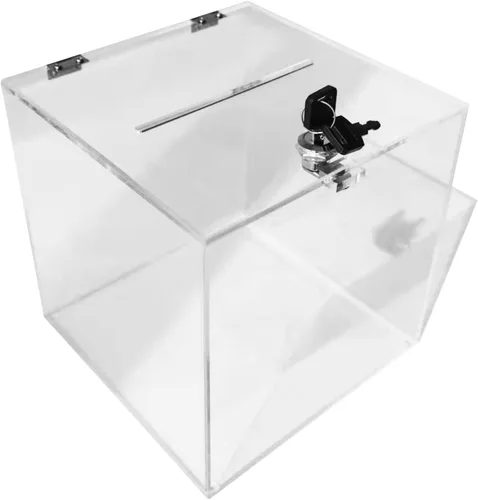 Vista 8 de CiaoHER Caja de donación acrílica de 6 x 6 x 6 pulgadas, caja de sugerencias de boleta para almacenamiento de dinero para votación, caridad, boleta