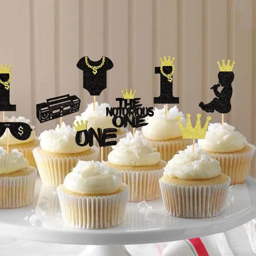 Vista 5 de Ercadio Paquete de 24 adornos para cupcakes The Notorious One con purpurina negra, Hip Hop, 1st Cupcake Picks The Big One, decoraciones para baby