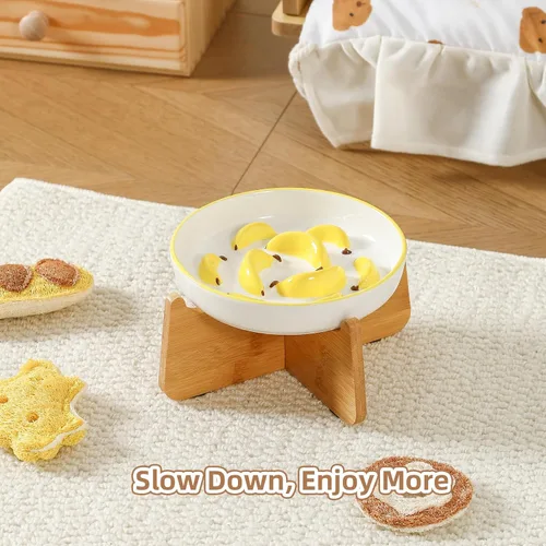 Vista 5 de Cuenco elevado para gatos de alimentación lenta – Plato de cerámica para gatos con soporte de bambú antideslizante – Tazón de alimentación apto
